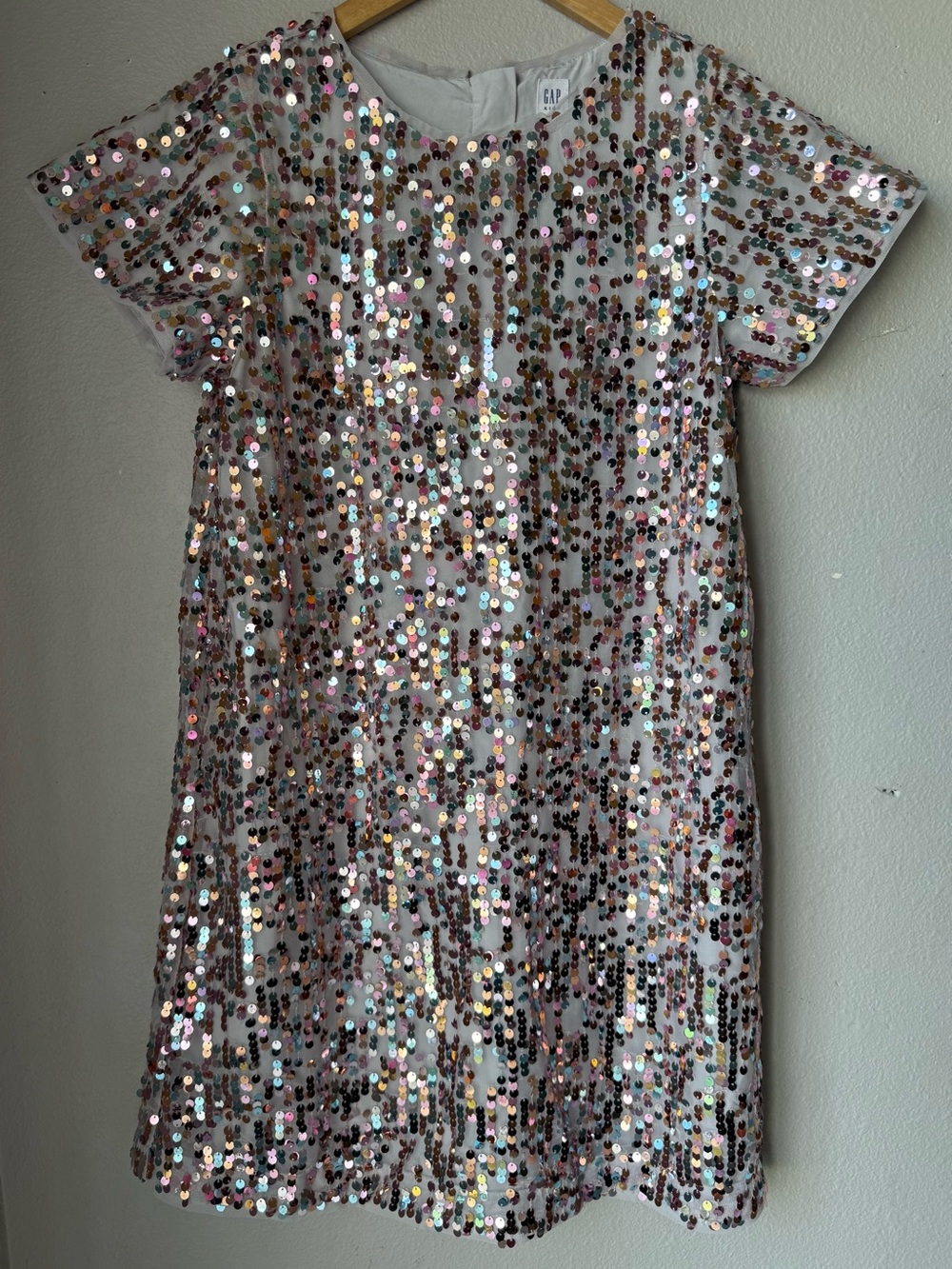 Gap Kids Sequin Short Sleeve Crew Neck Dress Iridescent Pink Girls Size XXL NWT